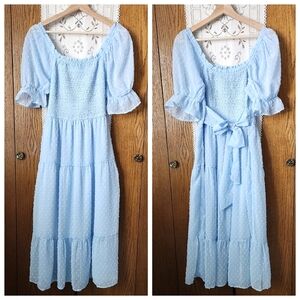 Light Blue Swiss Dot Dress with Puff Sleeves